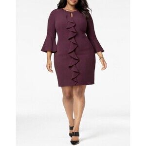 Jessica Howard Women's Plus Size Bell-Sleeve Keyhole Ruffle Dress Plum 22W